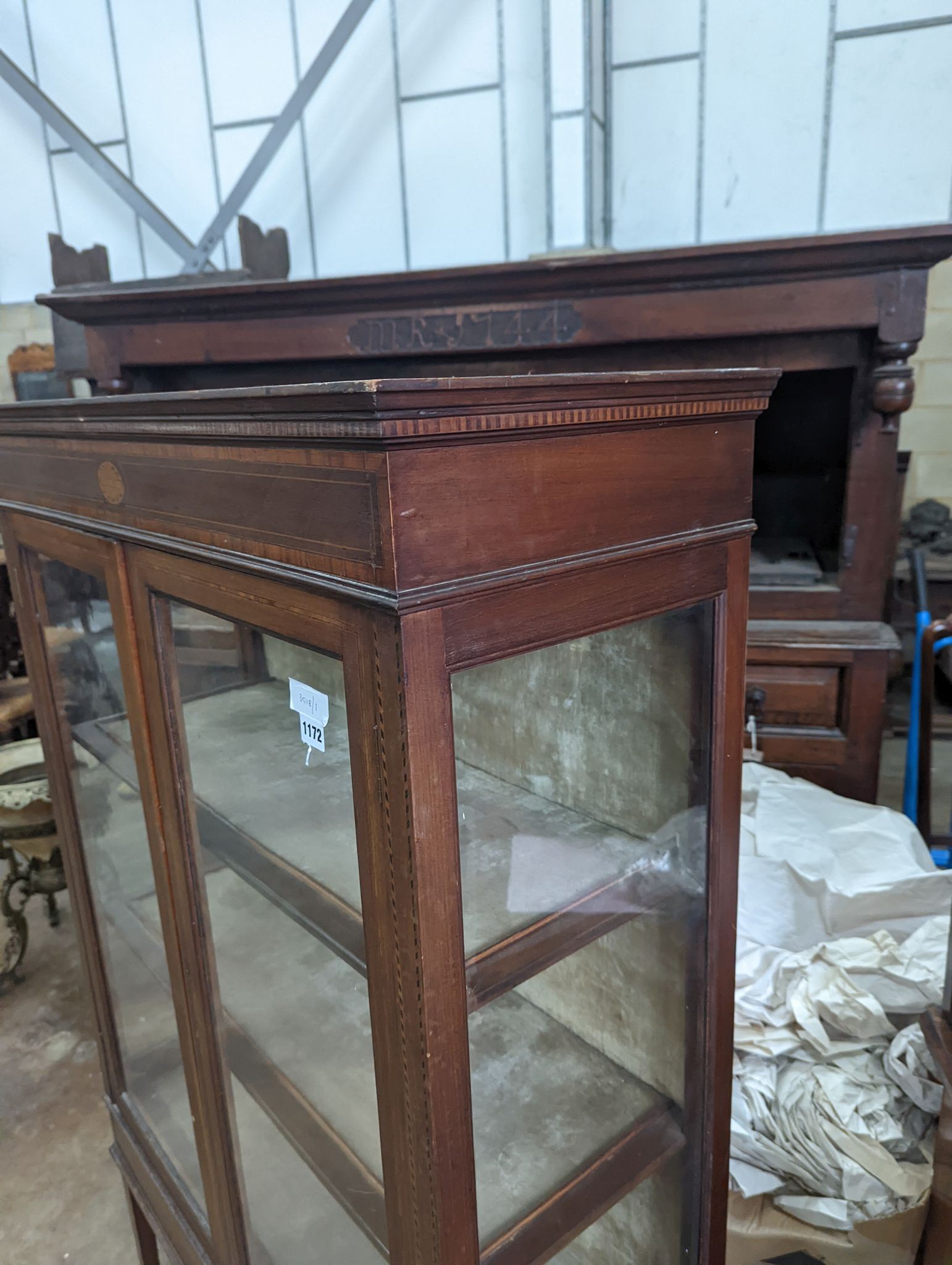 An Edwardian satinwood banded mahogany display cabinet, width 93cm, depth 36cm, height 160cm
